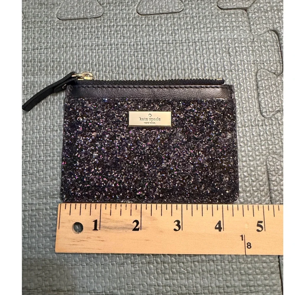 Kate Spade New York Black Purple Glitter Leather Card Holder Zip Wallet Slim